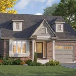 Front view rendering of a single-story bungalow home at Spears Gardens featuring red brick facade, dormer roof windows, front porch, and single-car garage.