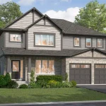 Spacious two-story detached single-family home rendering at Spears Gardens with light grey stone, shake siding, double garage, and landscaped front yard.