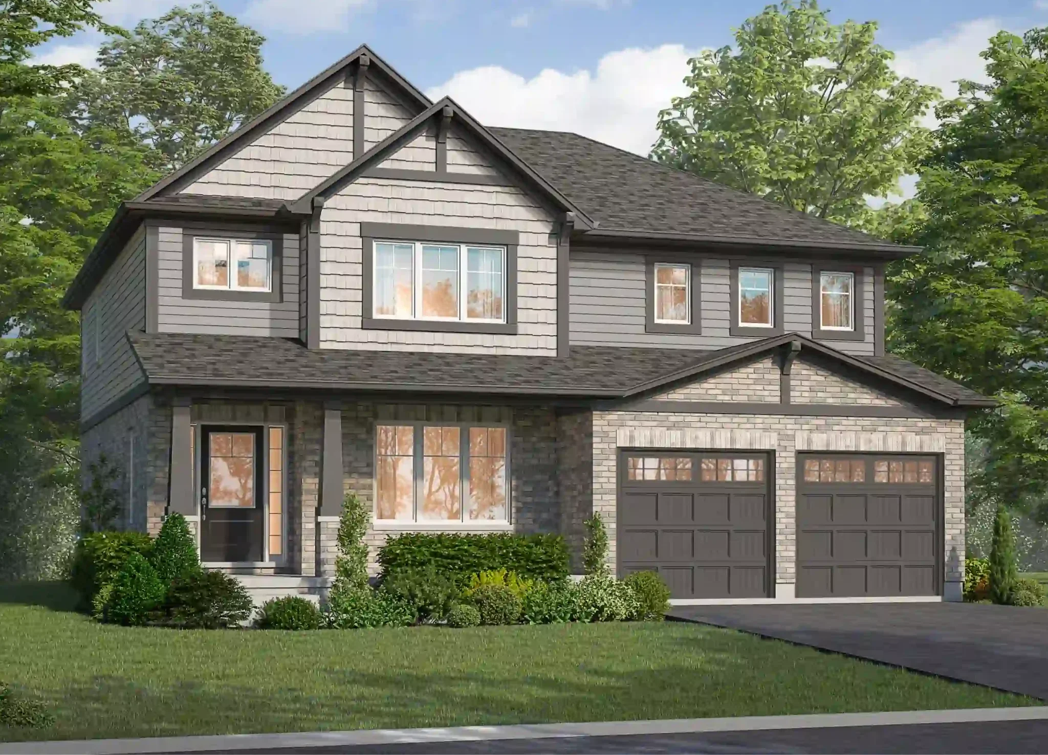 Spacious two-story detached single-family home rendering at Spears Gardens with light grey stone, shake siding, double garage, and landscaped front yard.