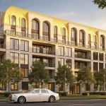 Exterior view of The Bridle Estate, a modern luxury residential building with a distinctive gold curved roof, balconies, landscaped trees, and a luxury white sedan parked in front.