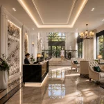 Luxurious interior lobby of The Bridle Estate featuring marble floors, elegant lounge seating, classical statues, and a reception desk with wall signage.