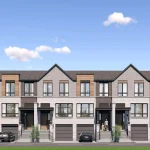 Architectural rendering of modern exterior townhomes at Wellington Place featuring grey brick finish, wooden accents, gabled roofs, and built-in garages.