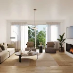 Bright modern living room interior at Wellington Place featuring neutral-toned furniture, built-in electric fireplace, wall-mounted TV, and large glass patio doors.