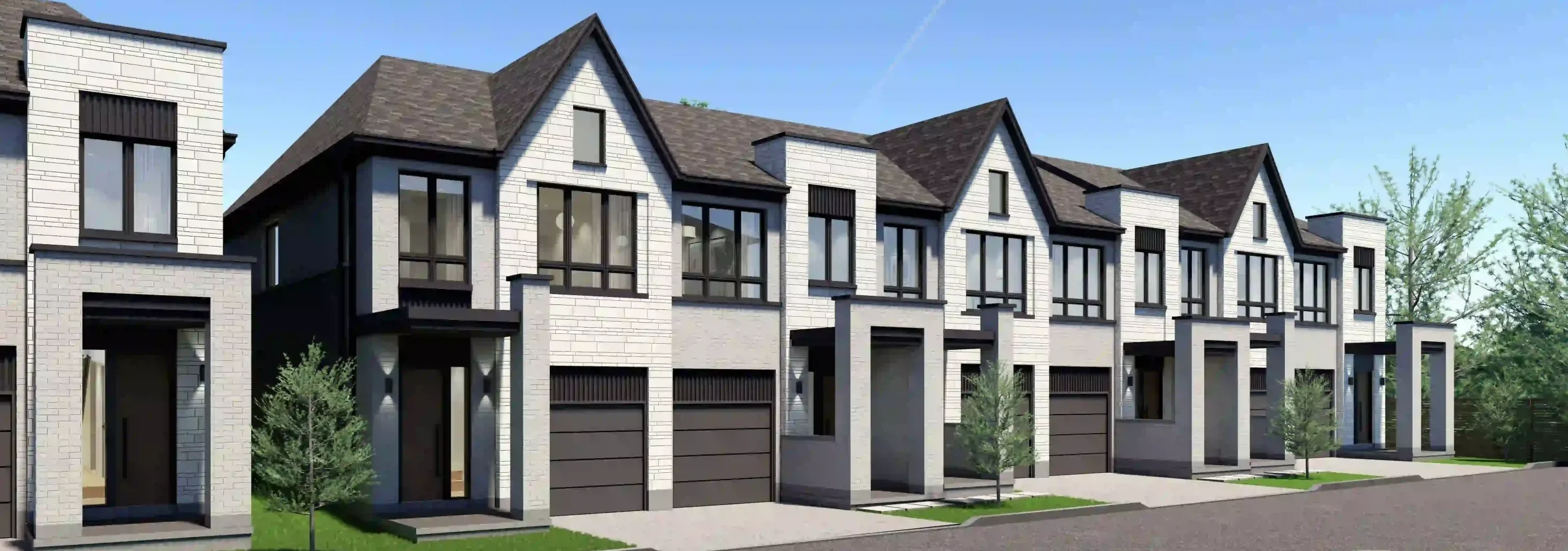 Angled streetscape rendering of multi-story townhomes at Wellington Place showing paved driveways, modern facade architecture, and landscaped green areas.