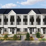 Front architectural rendering of 224 Maple modern townhomes featuring white vertical siding, black trim, gabled roofs, and landscaped walkways with outdoor seating.