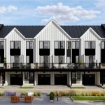 Rear exterior rendering of 224 Maple townhouses displaying multi-level balconies with glass railings, ground-floor garages, and a paved courtyard area with benches.
