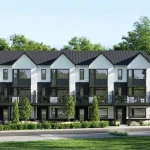 Exterior rendering of 224 Maple townhome complex showing dark brick lower levels, white vertical siding above, private balconies, and tree-lined street landscaping.