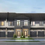 Front elevation rendering of modern multi-unit townhomes at Bayview Heights with grey stone facades, dark siding, built-in garages, and manicured front lawns.