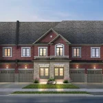 Exterior elevation rendering of classical red brick and stone townhouses at Bayview Heights featuring pitched roofs, integrated garages, and soft evening lighting.