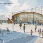 Artist's concept rendering of the future Seaton Recreation Complex & Library near Bloom Park, featuring an outdoor basketball court and a modern indoor fitness center with glass windows.