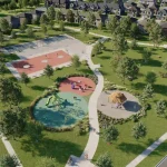 Aerial view of a suburban community park in North Hill featuring a playground, basketball court, tennis courts, gazebo, and walking paths surrounded by homes.