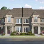 Exterior architectural rendering of rear lane townhomes in Dreamfields, Bradford, featuring light grey brick, beige accents, arched windows, and dark red front doors.