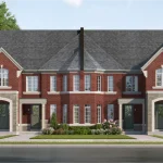 Exterior architectural rendering of red brick rear lane townhomes in Dreamfields, Bradford, with stone entryway arches and dark front doors.