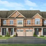 Architectural rendering of traditional red brick townhomes in Dreamfields, Bradford, showing front-loading garage doors and covered front entries.