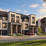 Modern three-story townhouse exterior with light grey and dark brick facades at Everpine community, featuring built-in garages, front entry steps, a red Tesla parked in the driveway, and two joggers on the sidewalk.