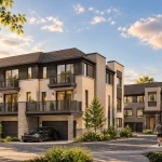 Rear and side view of modern townhomes in the Everpine development featuring private balconies, black garage doors, dark brick and light masonry trim, landscaping, and a person jogging along the paved street.