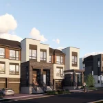 Row of modern three-story townhomes at Everpine in Richmond Hill featuring light brick, dark stone facades, and integrated garages.