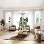 Bright modern living room at Everpine Richmond Hill with a white fireplace, neutral sectional couch, and floor-to-ceiling sheer curtains.