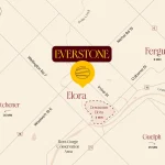 Location map showing the Everstone development site in Elora, highlighting proximity to Downtown Elora, Fergus, Guelph, Kitchener, and Elora Gorge Conservation Area.