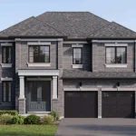 Exterior rendering of a two-story 42-foot detached home at Everstone by Cachet featuring gray brick masonry, dark garage doors, stone accents, and a covered front entry porch.