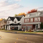 Autumn streetscape rendering of modern single-family detached homes with brick and siding facades in the Everstone by Cachet community.