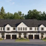 Architectural rendering of modern modern-farmhouse style townhomes at Everstone by Cachet featuring white vertical board and batten siding, black trim accents, dark shingled roofs, and private single-car garages.