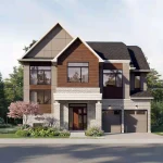 Exterior rendering of The Sandhill Elevation B single-family home in the Five Oaks 50' Collection with wood siding, stone accents, and a double-car garage.