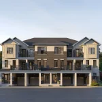 xterior elevation rendering of modern multi-family townhomes at Five Oaks featuring grey brick, light siding, and private balconies.