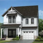 Architectural rendering of a two-storey 30-foot detached home at Laurel Creek featuring white board-and-batten siding, dark trim, a front porch, and a single-car garage.