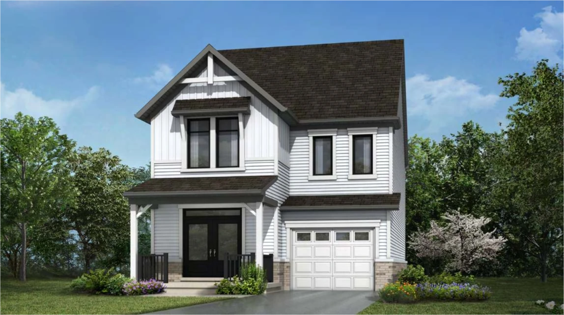 Architectural rendering of a two-storey 30-foot detached home at Laurel Creek featuring white board-and-batten siding, dark trim, a front porch, and a single-car garage.