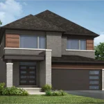 Architectural rendering of a modern two-storey 36-foot detached home at Laurel Creek with gray brick, warm wood siding accents, double front doors, and a two-car garage.