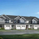 Architectural rendering of a multi-unit townhouse exterior block at Laurel Creek featuring light brick, dark blue and gray siding accents, attached garages, and front porch entryways.
