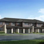 Architectural rendering of modern townhomes at Laurel Creek featuring dark wood paneling, gray brick exteriors, dark garage doors, and front entry pathways.