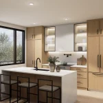 Modern kitchen interior at Le Sentier Towns featuring light wood cabinetry, a white waterfall island with bar stools, integrated appliances, and a large window.