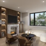 Contemporary living room interior at Le Sentier Towns featuring a curved white sectional sofa, marble fireplace, built-in wooden shelving, and large windows.