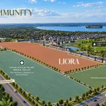 Aerial map view of the Liora community site plan highlighting future development lots along Woodbine Avenue and Church Street near Cooks Bay.