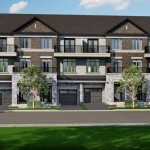Modern three-story townhouse block exterior at Lyric by Lynde Creek, featuring stone and brick facades, private balconies, and integrated garages.