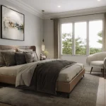 Modern primary bedroom design in The Taylor plan at Lyric by Lynde Creek featuring an upholstered bed, statement pendant lights, large windows, and a plush accent chair.