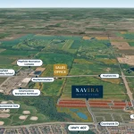 Aerial location map for Navera at Mayfield Village showing nearby amenities including Mayfield Secondary School, SmartCentres Brampton Northeast, Hwy 410, and the sales office location.