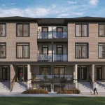 Front elevation view of contemporary townhouses at Sorella in Beamsville, featuring wood-look paneling, stone base cladding, glass balconies, and landscaped front walkways.
