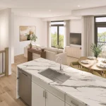 Bright open-concept living space at Sorella Towns overlooking the dining and lounge areas, featuring a white marble waterfall kitchen island, modern pendant lighting, and floor-to-ceiling windows.