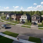 Architectural rendering of modern two-story single-family homes along a suburban street in the North Hill community, featuring sidewalks, cars, and pedestrians.