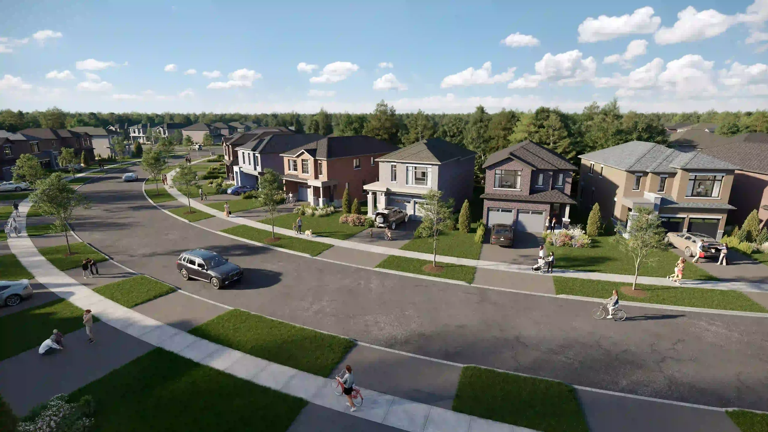 Architectural rendering of modern two-story single-family homes along a suburban street in the North Hill community, featuring sidewalks, cars, and pedestrians.
