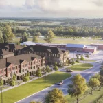 Aerial rendering of the Walnut Creek residential development in East Gwillimbury surrounded by lush green foliage, rolling fields, and paved neighborhood streets.