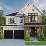 Exterior view of a two-story 38' detached home at YT on Fourth featuring modern white siding, stone accents, and a two-car garage.