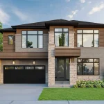 Exterior view of a two-story 55' detached home at YT on Fourth with modern brown and stone facade, large windows, and a wide garage.