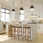 Modern open-concept kitchen rendering at YT on Fourth featuring white cabinetry, a marble kitchen island with three wooden barstools, and pendant lights.
