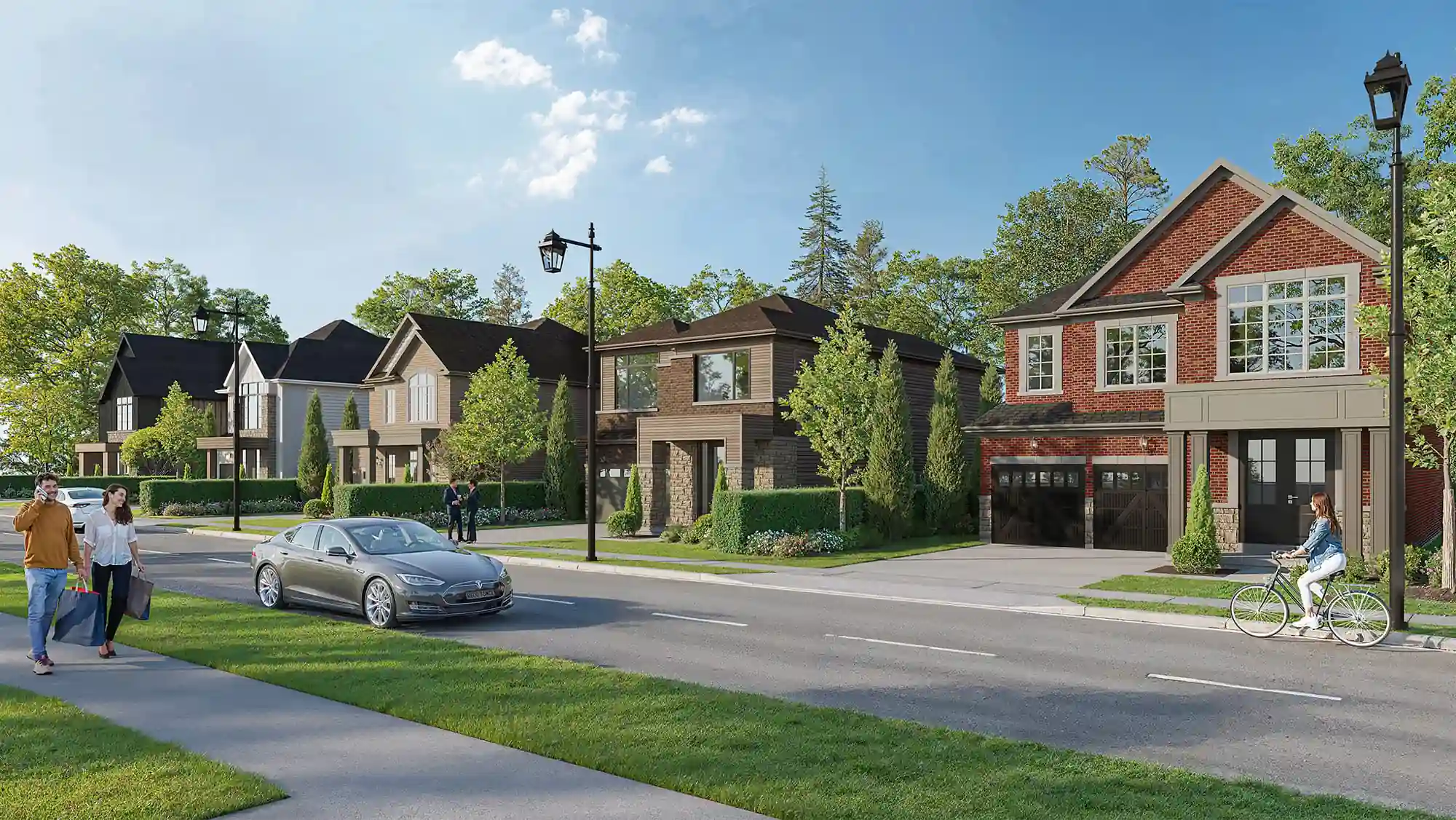Rendered streetscape at YT on Fourth showing modern detached homes, trees, a car on the road, and residents walking and cycling.