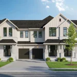 Exterior rendering of modern white and black townhouse units at YT on Fourth with attached garages and paved driveways.