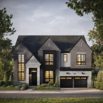 Exterior front elevation rendering of a luxury 57-foot detached single-family home at Abacot Hill featuring dark brick, light stone accents, and a double-car garage.